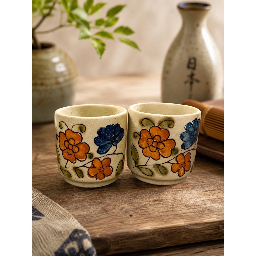 Vintage Japanese Floral Stoneware Sake Cups Set of 2 Painted Floral Espresso Cup